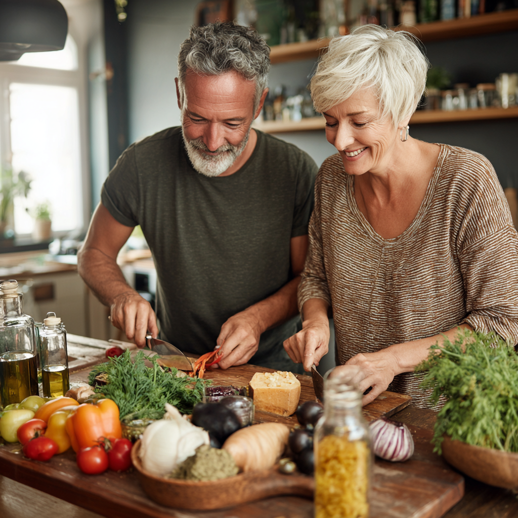 Middle-aged couple preparing healthy meal together with fresh organic ingredients
