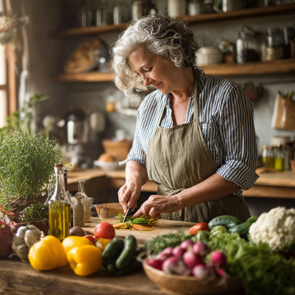Middle-aged woman preparing nutritious meal with fresh vegetables and herbs