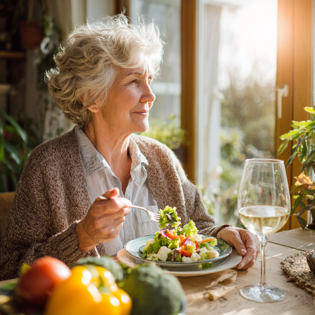 Older adult woman enjoying healthy meal in natural sunlight with seasonal vegetables